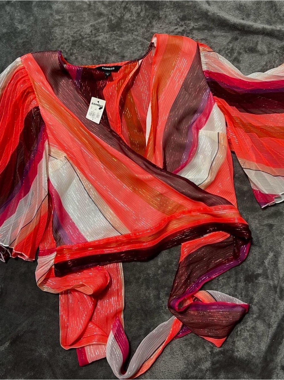 Express Striped Wrap Blouse in Coral, Red, Pink